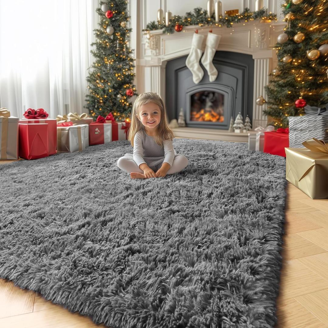 Amdrebio Grey Area Rugs for Bedroom Living Room, Fluffy Fuzzy Modern Rugs for Kids Room, Furry Floor Shaggy Throw Gray Carpet for Baby Nursery Preppy Dorm Office, Home Decor, Farmhouse Thick Rug 4x6