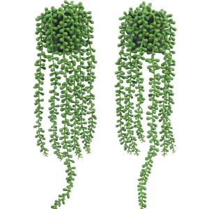 Floweroyal 2pcs Fake Hanging Plants Fake Potted String of Pearls Succulent Plants Small Faux Plants for Indoor Outdoor Shelf Wall Decor (Type2-green-2pcs)