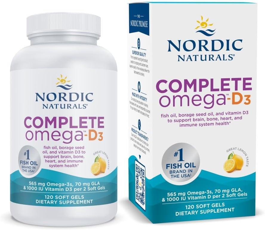 Nordic Naturals Complete Omega-D3, Lemon Flavor - 120 Soft Gels - 565 mg Omega-3 + 70 mg GLA + 1000 IU Vitamin D3 - EPA & DHA - Healthy Skin, Cognition, Positive Mood - Non-GMO - 60 Servings (EXP 02/01/28)