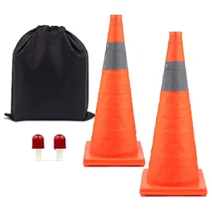 BATTIFE [2 Pack] 28'' inch Collapsible Traffic Safety Orange Cones, Pop-up Cones with LED Light and Reflective Collar, for Road Parking, Driving Practice