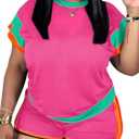 LovelyWholesale Women 2 Piece Outfits Color Block T Shirt with Shorts Set Summer Tracksuit (X-Large, Pink)
