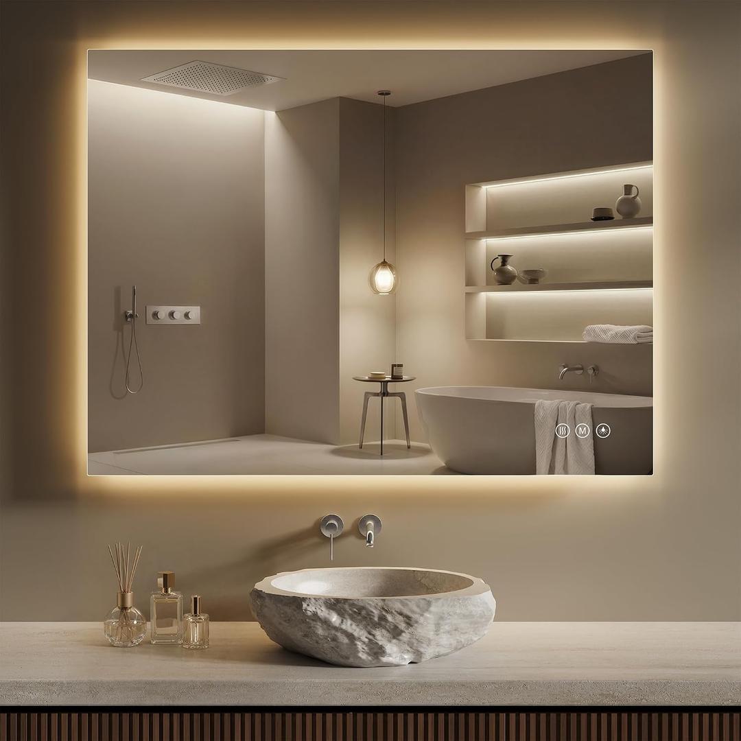 Backlit Bathroom Mirror with Lights 36"x30", Frameless LED Bathroom Mirror with Lights, Fogless, Dimmable, 3 Color Lighted Mirror for Vanity, Memory Function, Tempered Glass