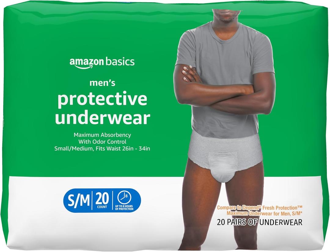 Amazon Basics Maximum Absorbency Incontinence Underwear for Men with Leak Protection, Dri-Fit Technology, Odor Control, Cotton Enhanced, Small/Medium, 20 Count