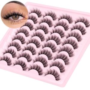 Natural Lashes Wispy Eyelashes Fuzzy Strip Eye Lashes Mink False Eyelashes Volume Fake Eyelashes 16 Pairs Eye Lashes Pack with Clear Lash Band