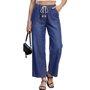 luvamia Wide Leg Jeans for Women Trendy High Waisted Pull On Elastic Waist Drawstring Ankle Length Denim Trouser Pants (Medium, Dark Blue)