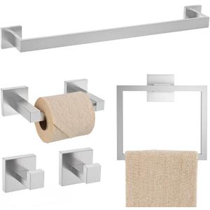TQKAG Brushed Nickel Bathroom Hardware Accessories Set 5 Pieces, Double Post Pivoting Toilet Paper Holder Set Stainless Steel Square Bathroom Towel Bar Holder Set Wall Mounted
