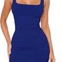 ForeFair Womens Summer Tank Mini Dress Square Neck Sleeveless Ruched Bodycon Double Lined Party Club Casual Going Out Dresses, Royal Blue Small