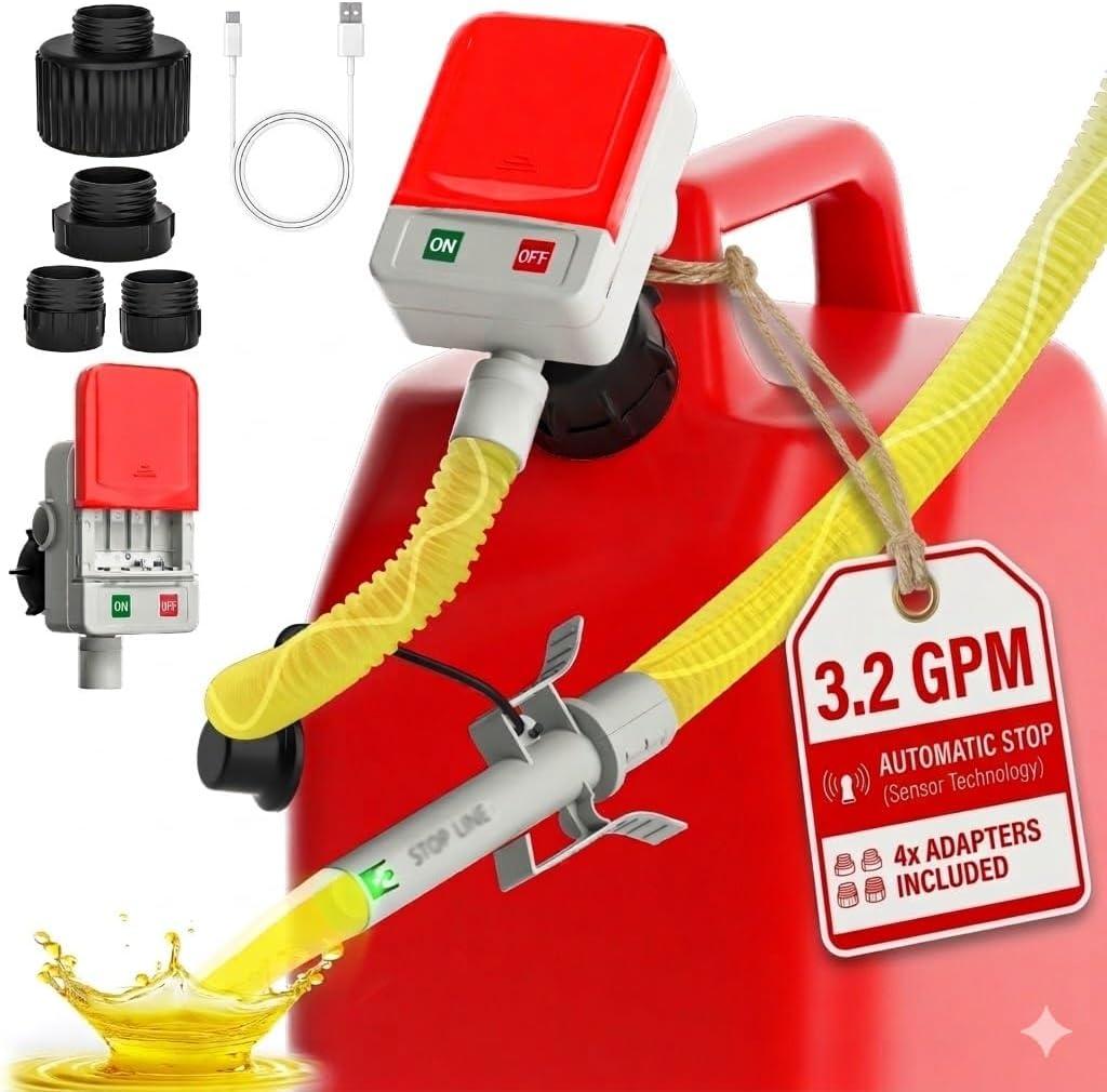 Bonviee Fuel Transfer Pump with Auto-Stop, Fast 3.2 GPM Flow, 51 Hose, Battery/USB Powered, 4 Can Adapters, Portable Gas Can Pump for Oil, Diesel, Gasoline, Safe No-Spill Refueling