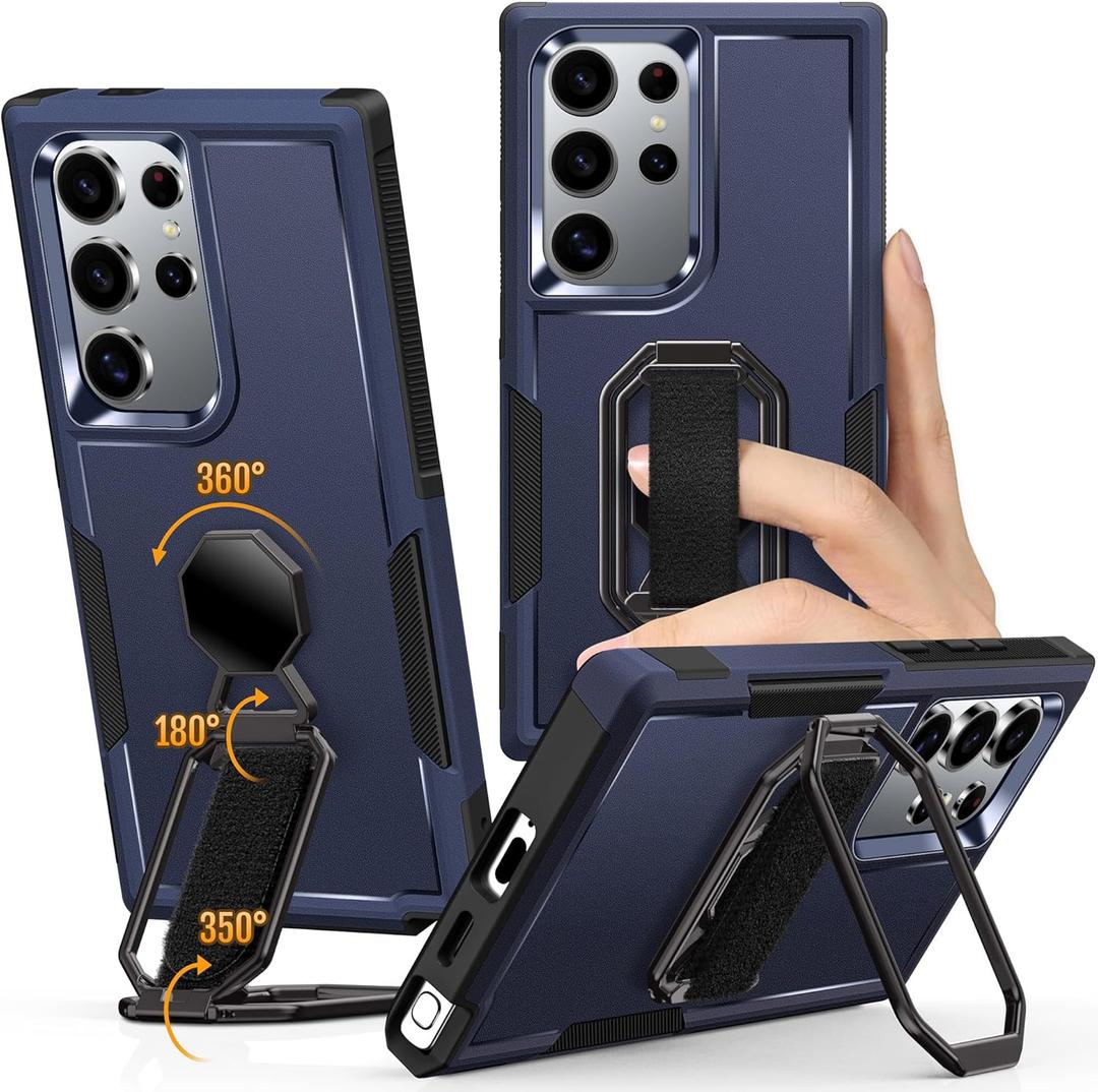 Shields Up for Samsung Galaxy S24 Ultra Case with Stand (Two-Way Stand & Finger Strap), Galaxy S24 Ultra Phone Grip Case with Double Ring Holder, Heavy Duty Shockproof Cover for S24 Ultra, Blue