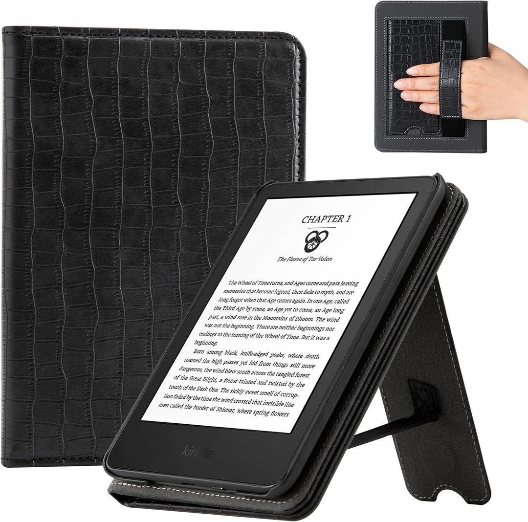CoBak Case for 6" E-Reader - PU Leather Smart Cover with Auto Sleep/Wake & Hand Strap, not Compatible with Kobo Clara,Croco Black