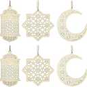 6Pcs Ramadan Kareem Wooden Ornaments Pendant Decoration Moon Lantern Star Shape Mubarak Eid Hanging Ornament for Ramadan Mubarak Eid Decorations