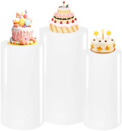 JALANCY 3PCS Metal Cylinder Pedestal Stands for Party White Round Dessert Tables Pedestal Display Plinth Pillars for Birthday Wedding Baby Shower Art Decor（Small）