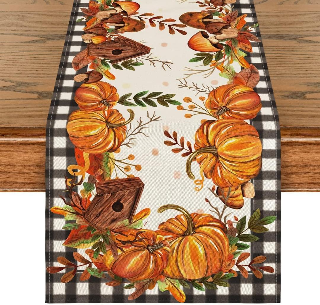 Artoid Mode Buffalo Plaid Pumpkins Mushrooms Birdhouse Leaves Table Runner, Seasonal Fall Harvest Vintage Kitchen Dining Table Decoration for Indoor Outdoor Home Party Decor 13 x 90 Inch. (Black)