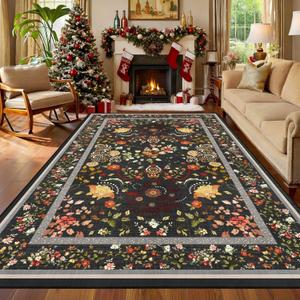 5x7 Black Grey Floral Washable Rugs for Living Room - Vintage Floral Rug for Bedroom Kids Room, Large Vintage Boho Home Decor Non Slip Carpet (Multi 36)
