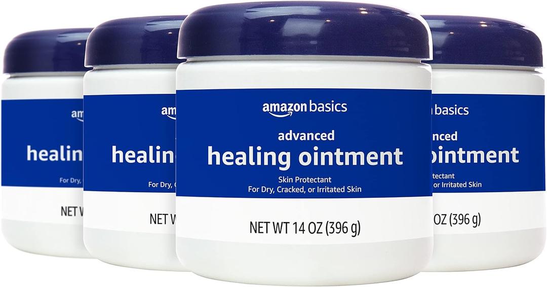 Amazon Basics Healing Ointment & Skin Protectant for Dry & Cracked Skin and Chapped Lips, Fragrance Free, 14 Oz (Pack of 4)