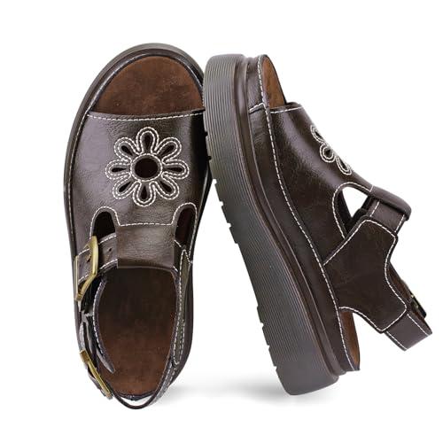 KIFIWUI Brown Platform Sandals for Women Chunky Ankle Buckle Casual Open Toe Comfortable Flower Decoration Fisherman Sandals Sizes 6, Brown
