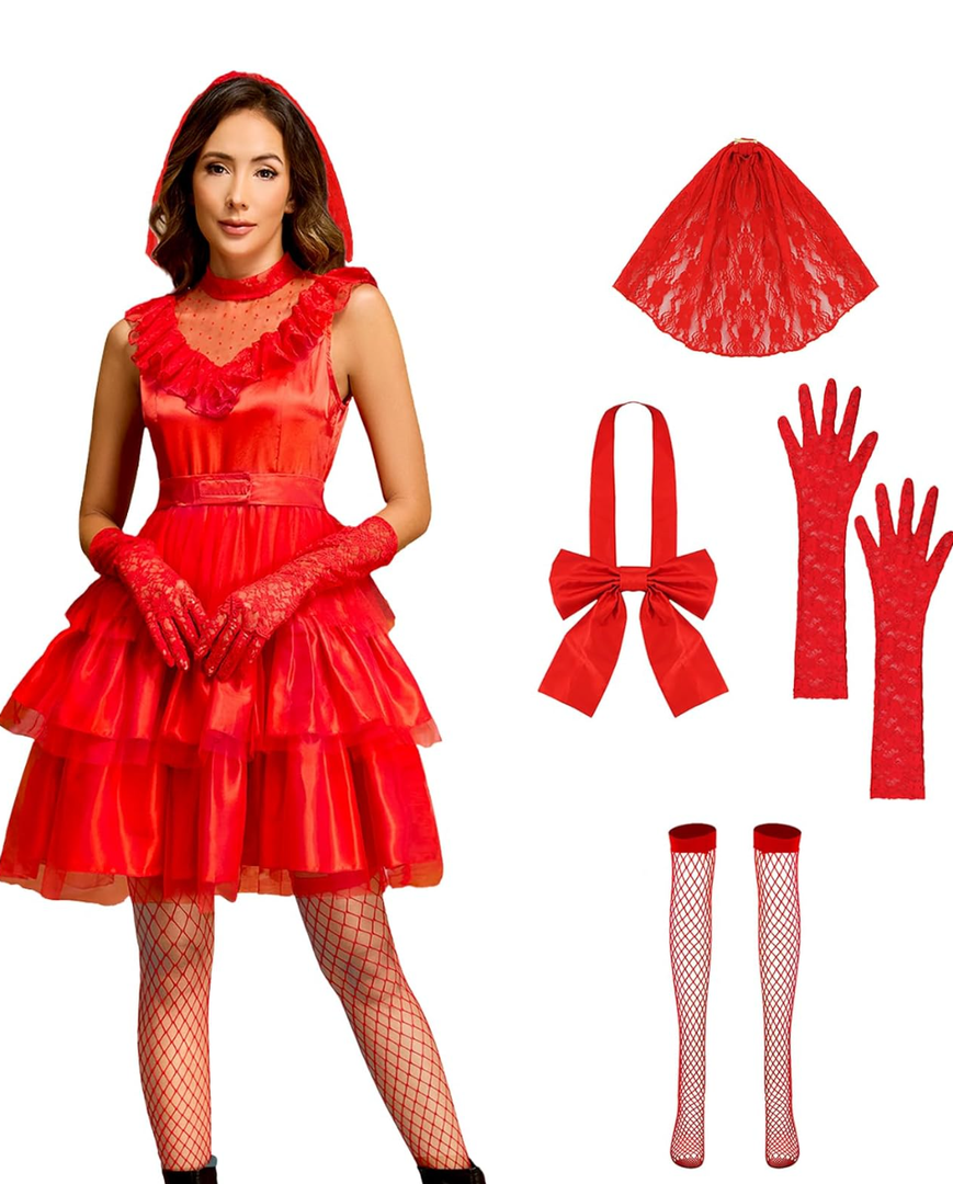 Lydia Deetz Red Wedding Dress Costume for Women - Beetle Bride Halloween 80s Prom Tulle Costume Size L