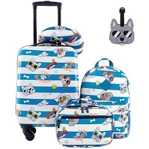 Travelers Club 5 Piece Kids' Luggage Set, Cool Dog ( 18" Hardside Carry-on Luggage, 15" Backpack, 10" Lunch Bag, Neck Pillow, Luggage Tag)