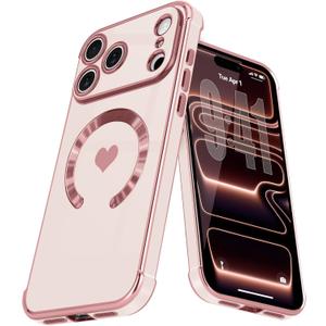 Magnetic Case for iPhone 17 Pro Women Girls Luxury Plating Cute Love Heart Soft Back Cover Full Camera Lens Protection Compabtible with MagSafe for iPhone 17 Pro Case Pink