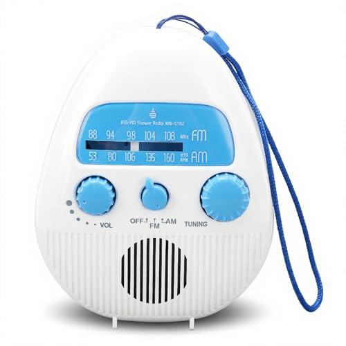 Portable Shower Radio, Battery Operated Bathroom FM AM Receiver with Sound Speaker, Built in Rotating Volume Control Knob for Shower Outdoor