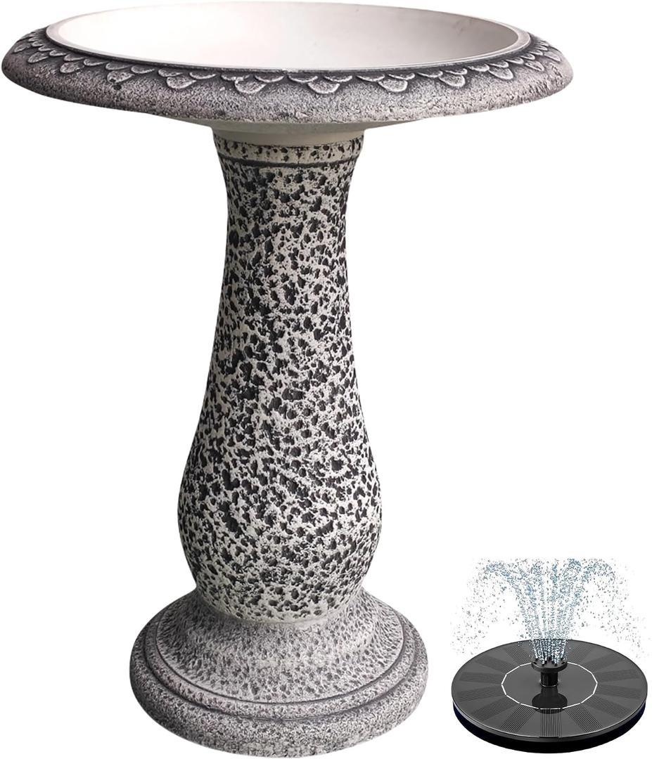 Pedestal Birdbath with Solar Fountain, Resin Stone Composite Outdoor Garden Decor, Standing Bird Bath for Outside Patio Yard, 23-Inch Tall, Garden Fountain, Resin Bird Baths, Hummingbird Bowl