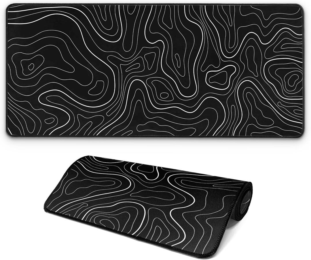 Large Computer Mouse Pad with Non-Slip Base for Desktop, Cute Gaming Mouse Mat with Stitched Edges, Long Extended Anime Mousepad for Laptop, 31.5 x 11.8 inches (Black Topographic Map)