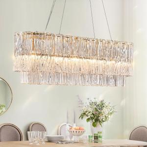 Gold Rectangle Chandeliers for Dining Room Modern Island Light Crystal Glass 6-Light Chandelier Rectangular Linear Pendant Hanging Ceiling Light Fixture for Kitchen L35.5