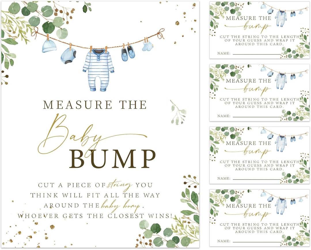 Whaline Baby Shower Games 50Pcs Eucalyptus Leaves Measure The Baby Bump Cards with Sign How Big is Mommy's Belly Game Cards for Party Favor Supplies