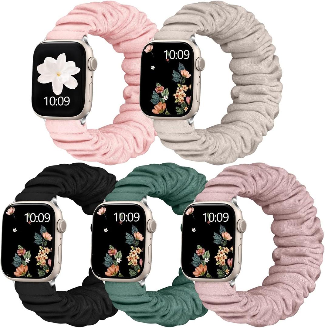 Adorve Scrunchie Bands Compatible with Apple Watch Band 38mm 40mm 41mm 42mm 44mm 45mm 46mm 49mm Women, Cute Fabric Scrunchy Adjustable Elastic Strap for iWatch SE3/2/1 Ultra Series 11 10 9 8 7 6 5 4 3 (Black/Pine Green/Pink/Milk Tea/Starlight)