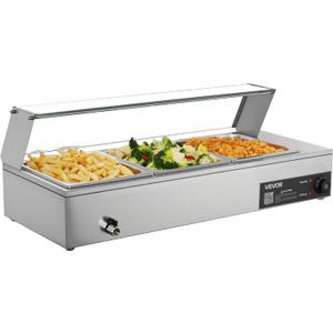 VEVOR Commercial Food Warmer, 1500W Electric Stainless Steel Steam Food Warmer with Glass Cover, Countertop Buffet Bain Marie with Three 1/2 Size Food Pans, for Catering, Restaurant, Party & Buffets
