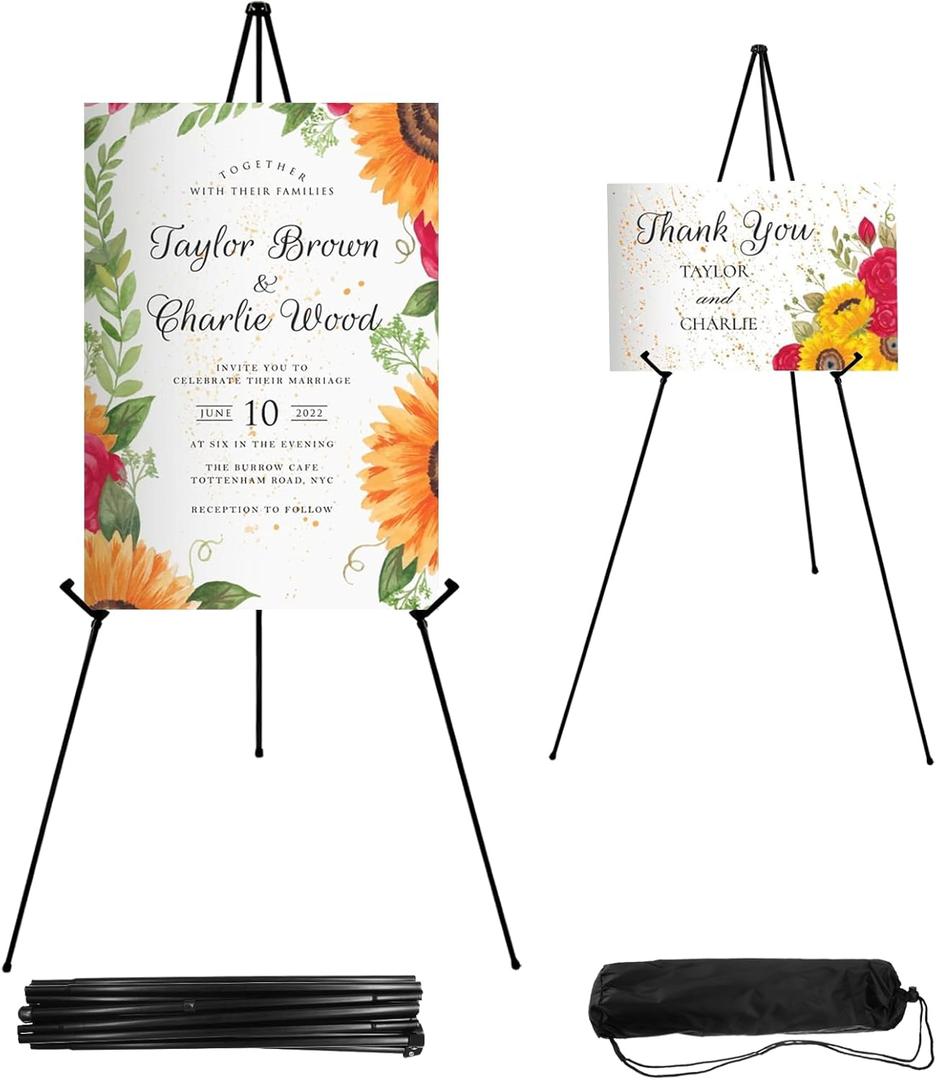 Easel Stand for Sign 65 Inches, Portable Adjustable Poster Stands for Display, Floor Tripod Collapsible Display Easel, Balck Metal Easel Stand for Wedding Sign with Portable Bags (2 Pcs)