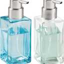 mDesign Glass Refillable Foaming Hand Soap Dispenser Modern Square Pump Bottle for Bathroom Vanity or Kitchen Sink, Countertops - Casi Collection - 2 Pack - Blue/Brushed, Clear/Brushed