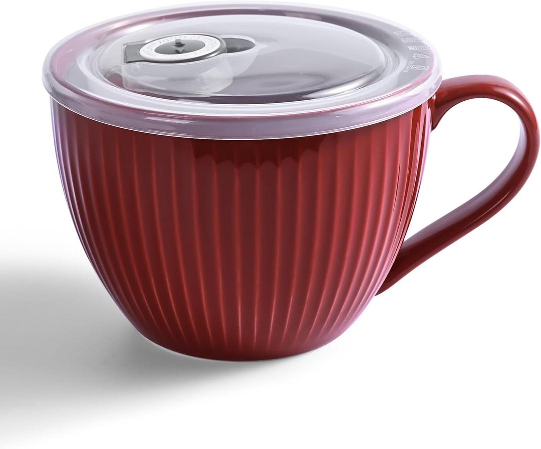 Ceramic Soup Mug with Lid, 24oz Large Soup Cup with Handle, Microwave Soup Bowl for Breakfast Cereal, Oatmeal, Overnight Oats, Coffee, Salad, Dishwasher Safe,Housewarming Wedding Gift (Red)
