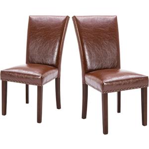 COLAMY Upholstered Parsons Dining Chairs Set of 2, PU Leather Dining Room Kitchen Side Chair with Nailhead Trim and Wood Legs - Light Brown