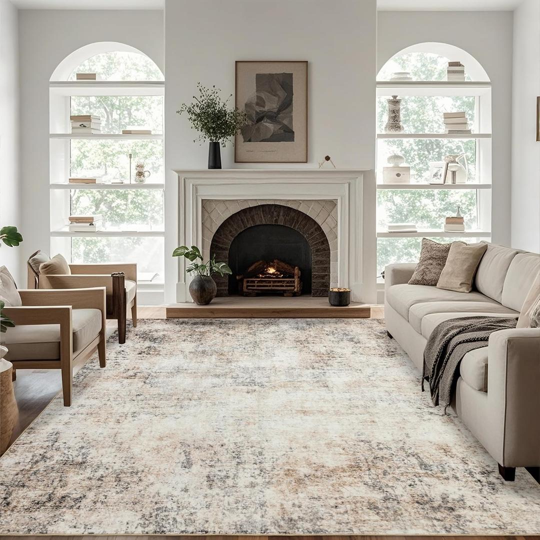 Area Rug 8x10 Washable: Machine Washable Rugs Carpet for Living Room Bedroom Aesthetic - Low Pile Non Slip Rug - Modern Abstract Soft Rug for Dining Room Table - Sandstone Beige Gray