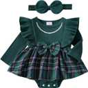 FIOMVA My First Christmas Baby Girl Outfit Newborn Velvet Ruffle Romper Dress Infant Bodysuit Cute Fall Winter Clothes (F Plaid Green,6-9 Months)