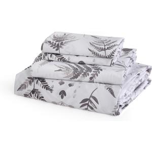 JSD 100% Cotton Floral Sheet Set King, 300 Thread Count Printed Sateen Sheets, Soft Breathable Cooling Bed Sheets Deep Pocket, Grey White (White Black Herbs)