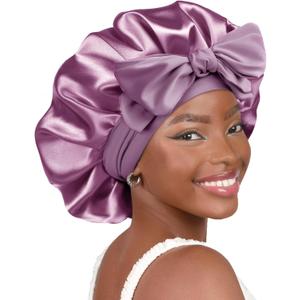 YANIBEST Silk Bonnet for Sleeping Women Adjustable Double Layer Satin Bonnet Reduce Friction Prevent Frizz Natural Curly Hair (Large, Purple)