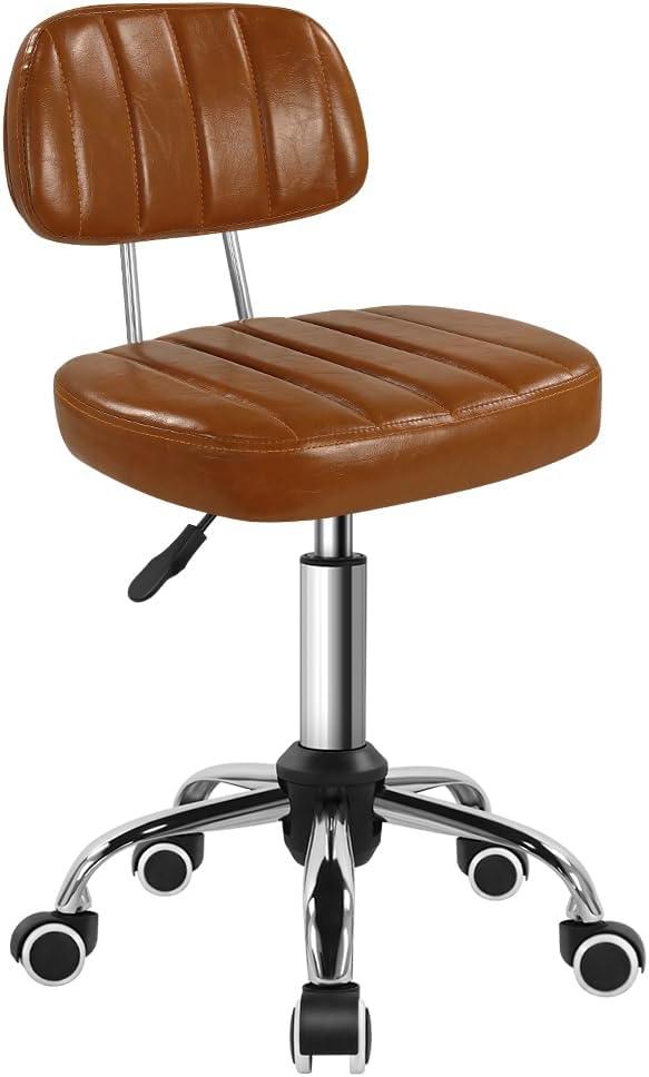 Square Swivel Stool with Wheel for Work SPA Shop Massage Height-Adjustable and Cost-Effective Rolling Stool Chair with Back (Brown)