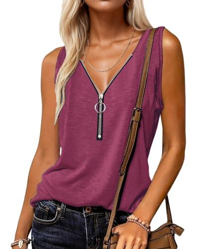 Halife Womens Tops Dressy Casual Half Zip V Neck Sleeveless Losse Fit Summer Lightweight Tank Tops Fuchsia XL