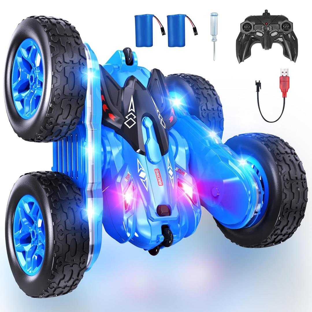 Remote Control Car, RC Cars with Strip Lights and Headlight, 2 Hours Long Battery Life, 4WD Double-Sided 360° Flips Rotating Stunt RC Car Toys, Birthday Gift for Boys Girls (Blue)