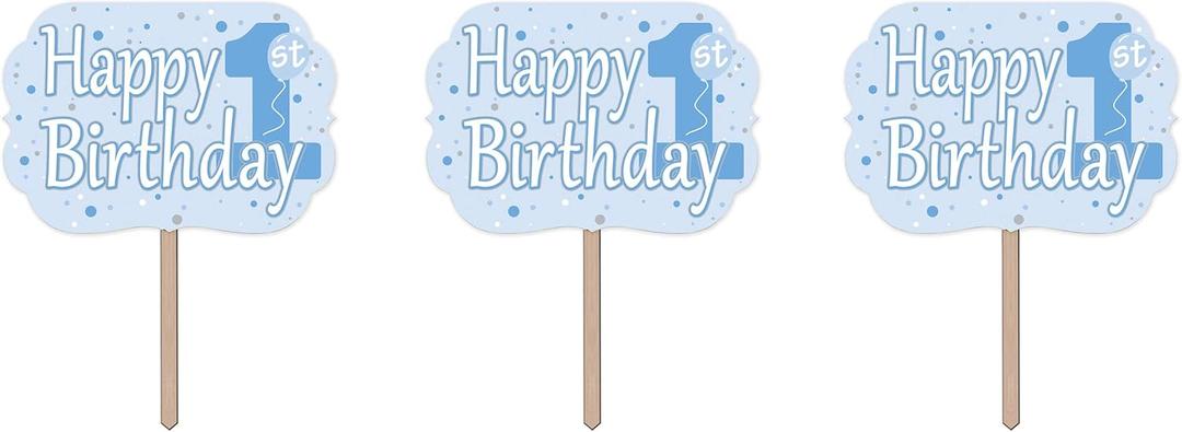 Beistle 3 Piece Happy 1st Birthday Yard Signs With Wooden Stakes - Durable Cardstock - Outdoor Lawn Party Decorations and Supplies, 24" x 14.5"