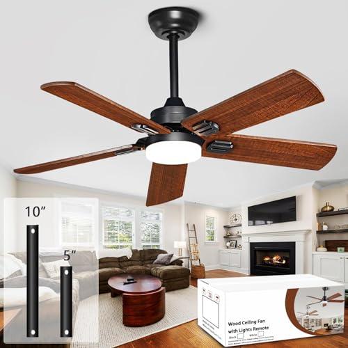 42" Lighted Ceiling Fan, Solid Wood Ceiling Fan, with Remote Control and DC Motor, 5 Blades, Suitable for Living Rooms, Bedrooms, Farmhouses, Hallways, Indoor and Outdoor Ceiling Fans - Black + Walnut