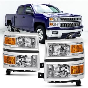 For 2014 2015 Chevy Silverado 1500 Headlights Assembly, For 14-15 1500 Silverado Halogen Headlamp Factory OE Style Chrome Housing Amber Coner Head Lights Pair Set Driver & Passenger Replacement