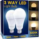 UNILAMP 3 Way LED Light Bulbs, Dimmable A19, E26 Base, Warm White 3000K, 30/70/100W Equivalent, 2 Pack for Bedroom, Kitchen, Living Room
