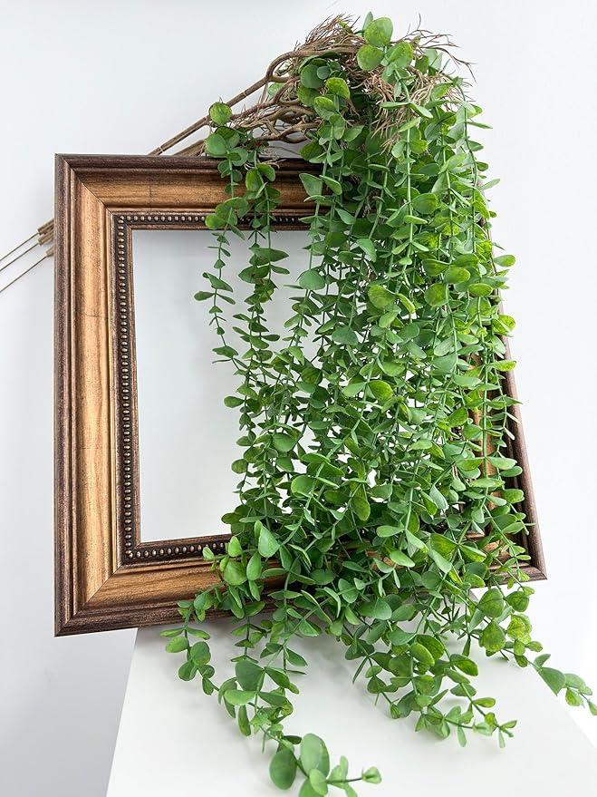 Mythlty 4 Stems Artificial Hanging Plant, Fake Plastic Hanging Greenery Stems with Roots for Home Farmhouse Wall, Ceiling, Bathroom, Mantle, Outdoors Porch Decorations (3  Eucalyptus)
