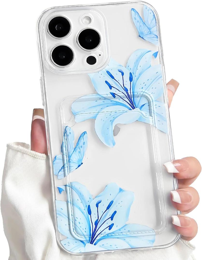 2 x NITITOP Compatible with iPhone 14 Pro Max Case with Card Holder Clear Cute Floral Lily Flowers Butterfly for Women Girls Soft TPU Shockproof Wallet Case Protective Phone Cover - Blue