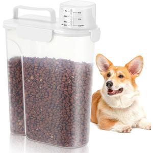 5-7 Lbs Dog Cat Food Storage Container, Portable Travel Pet Food Storage Container with Measuring Cup, Easy-Pouring Bird Seed Dispenser, Airtight Rice Cereal Oatmeal Flour Dispenser -White