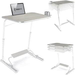 FoldWise Upgraded Folding TV Tray Table - Extra Large & Sturdy Laptop Table for Couch, Height & Angle Adjustable Desk for Dinner, Work & TV - Includes Footrest, Cup Holder, iPad Holder & Edge Stopper ((White) - Bright Wood)