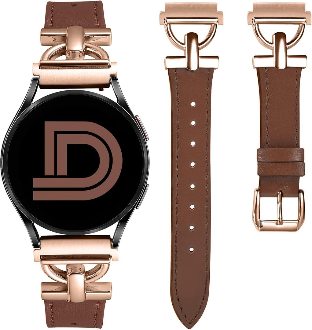 Wearlizer Leather Band Compatible with Samsung Galaxy Watch 7/6/5/4 Active 2 40mm/44mm, Classic 43mm/47mm, Pro 45mm, Classic 42mm/46mm, 3 41mm D-Shape 20mm Watch Band (Brown/Rose Gold)